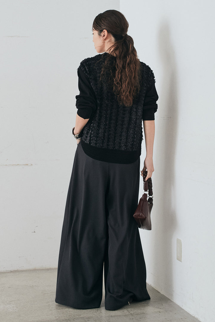 [SET]モコレースVネックカーディガン+太ベルト付きフロントタックパンツ(2set)