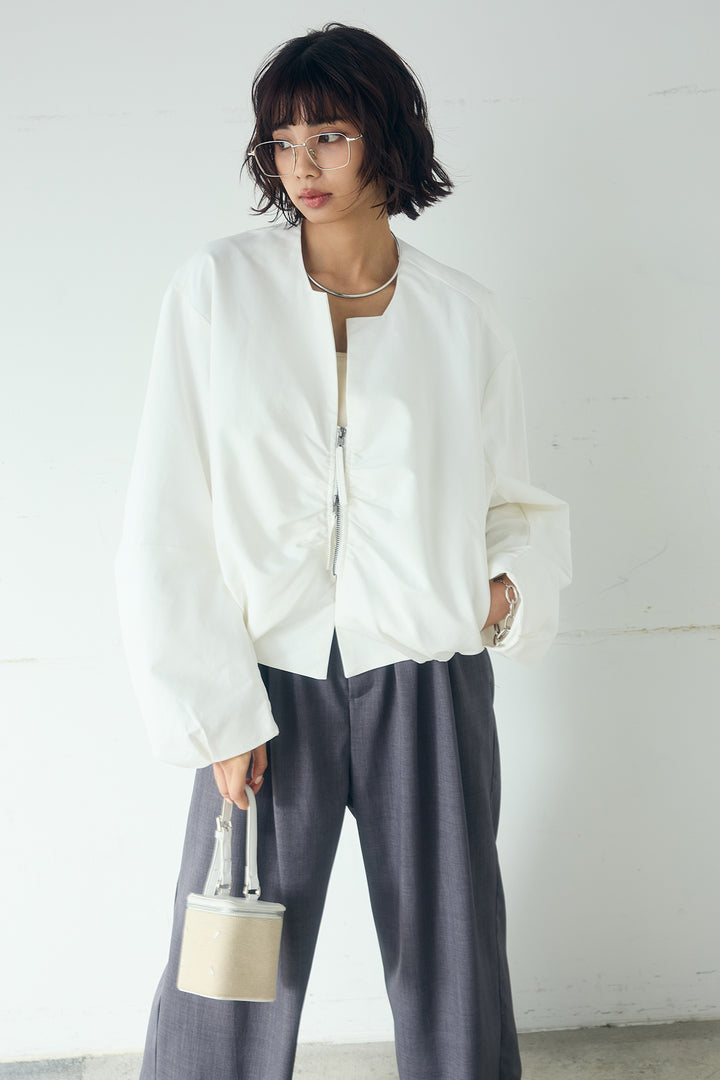 [SET]ノーカラーフロントギャザージップアウター+ツイルメニータックパンツ(2set)