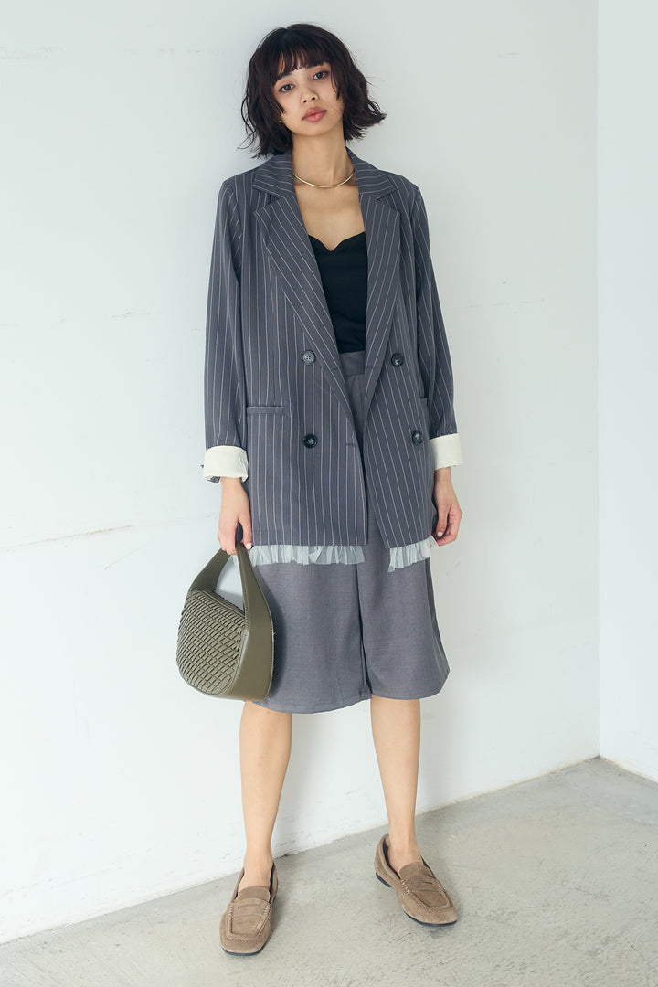 [SET]裾フリルダブルジャケット+ツイルタックハーフパンツ(2set)