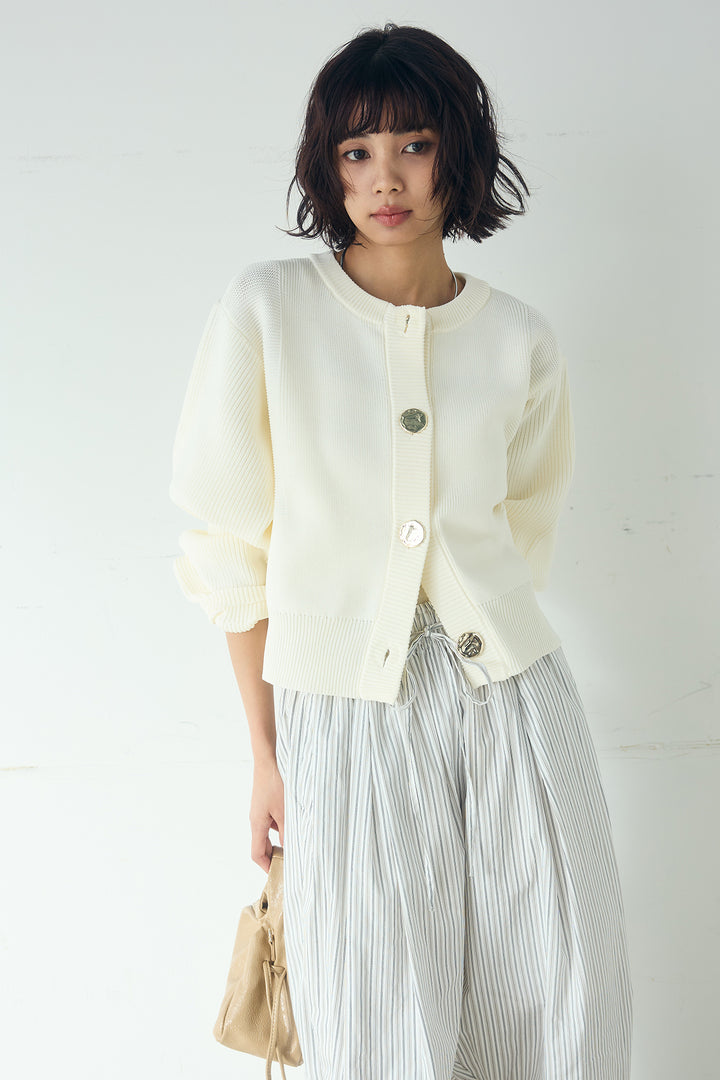 [SET]スポンディッシュBIGボタンクルーネックカーディガン+ランダムストライプタックギャザーパンツ(2set)