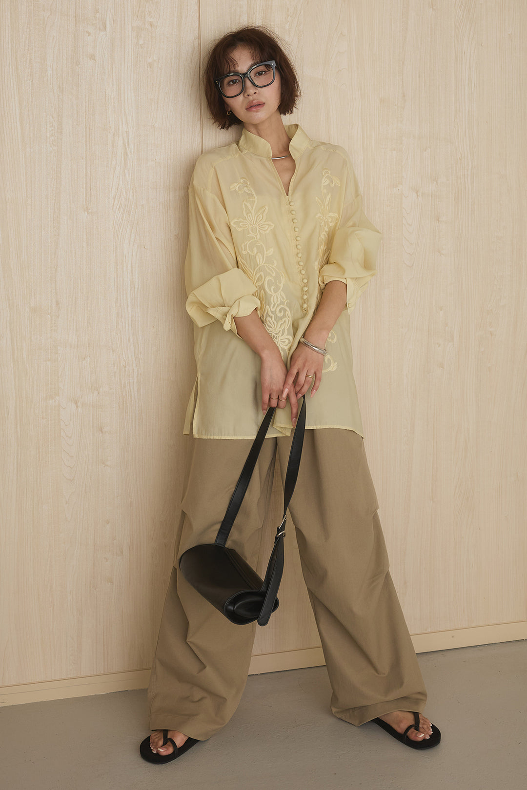 [SET]フロントボタンニュアンス柄ブラウス+ニーサイドタックウエストドロストパンツ(2set)