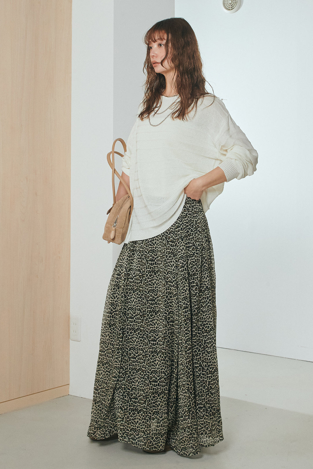 [SET]麻混リラックスニットトップス+リラックスレオパードロングスカート(2set)