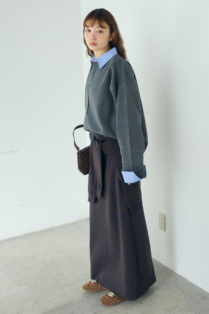 [SET]シャツレイヤード風カーディガン+レイヤードニット巻きスカート(2set)