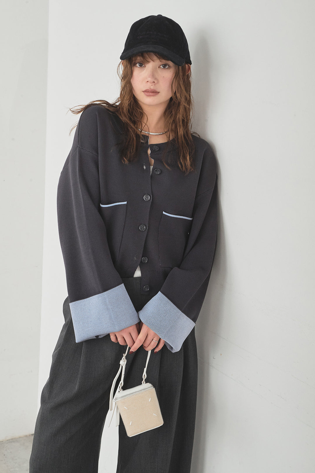 [SET]レーヨンポリダブルフェイスカーディガン+サイドベルトタック入りスラックス(2set)