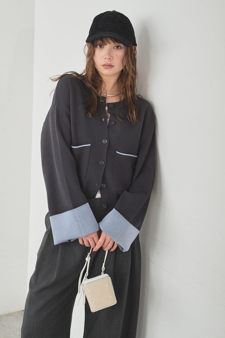 [SET]レーヨンポリダブルフェイスカーディガン+サイドベルトタック入りスラックス(2set)