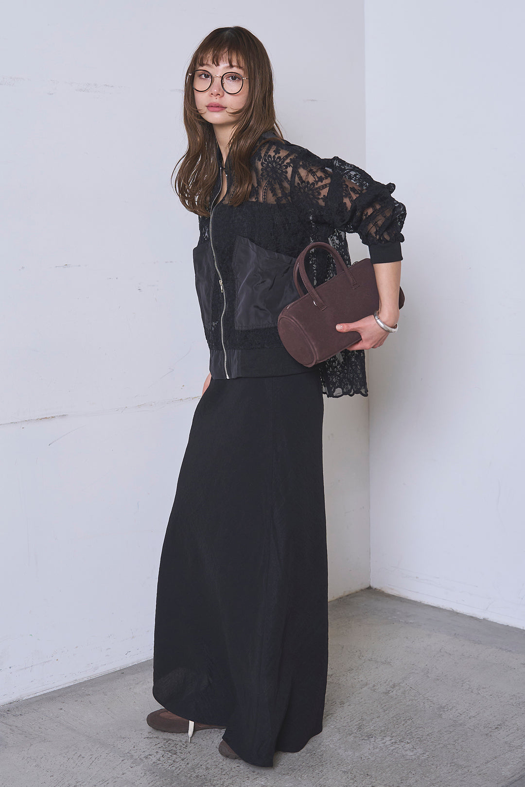 [SET]ノーカラーレースブルゾン+リネンブレンドロングナロースカート(2set)