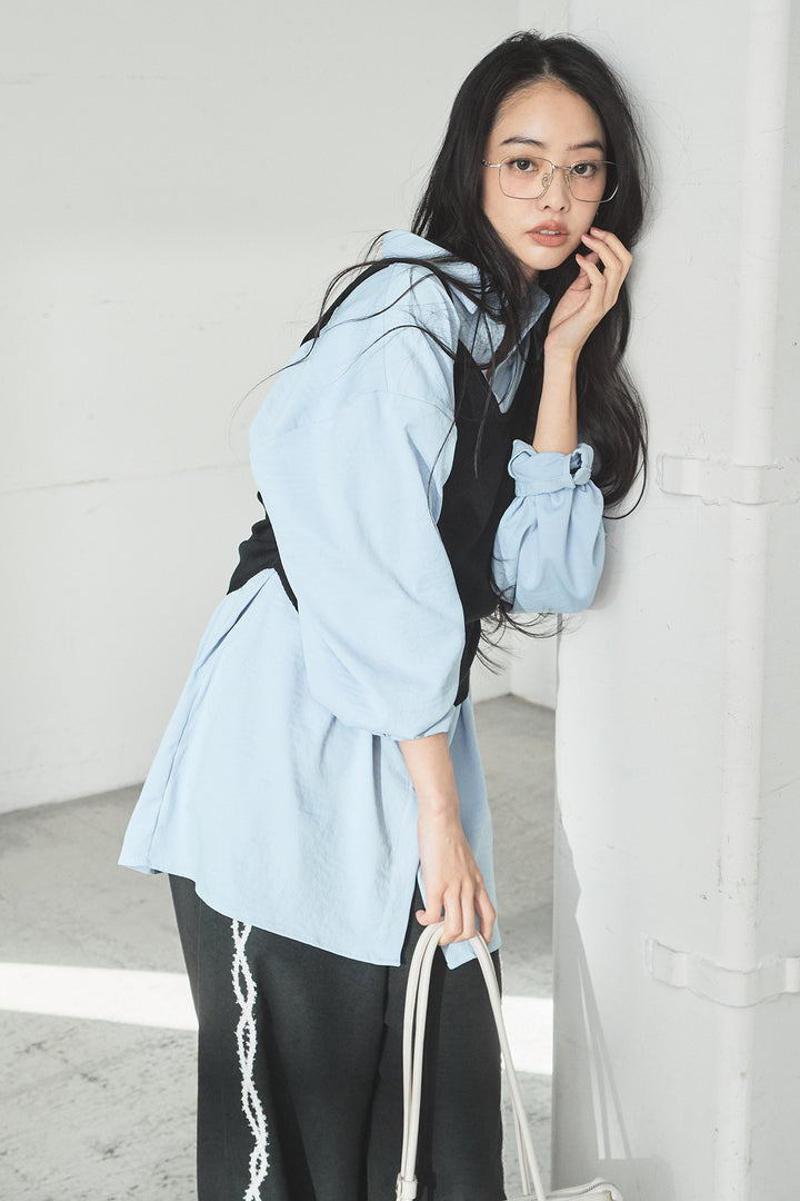 [SET]ニットキャミ付きシャツ+刺繡テープラインパンツ(2set)