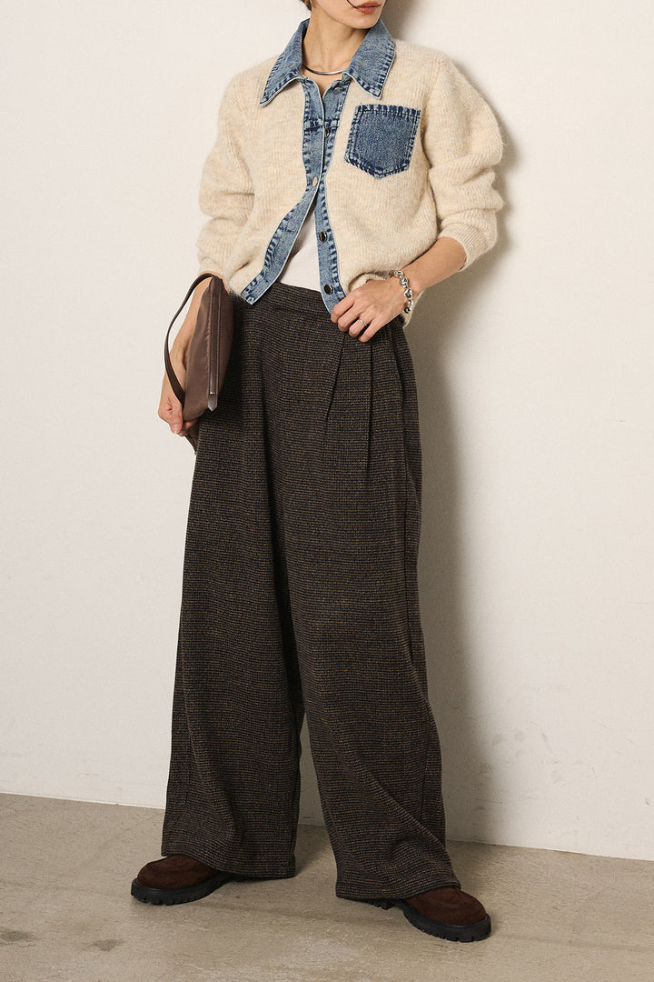 [SET]襟付きデニム切替ニットカーディガン+起毛タック入りツイードワイドパンツ(2set)