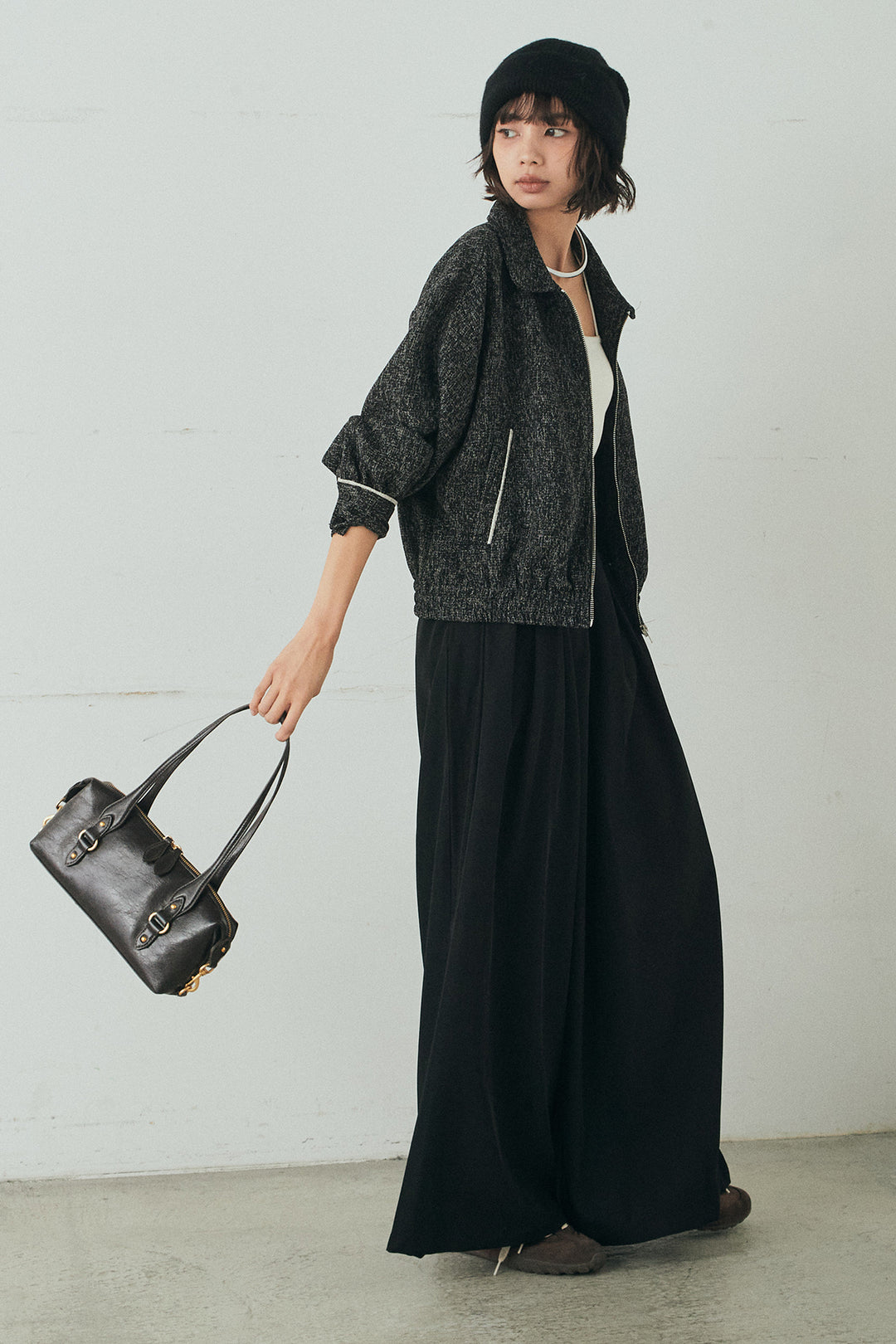 [SET]ツイード配色パイピングブルゾン+ベルト付きタックデザインハイウエストロングパンツ(2set)