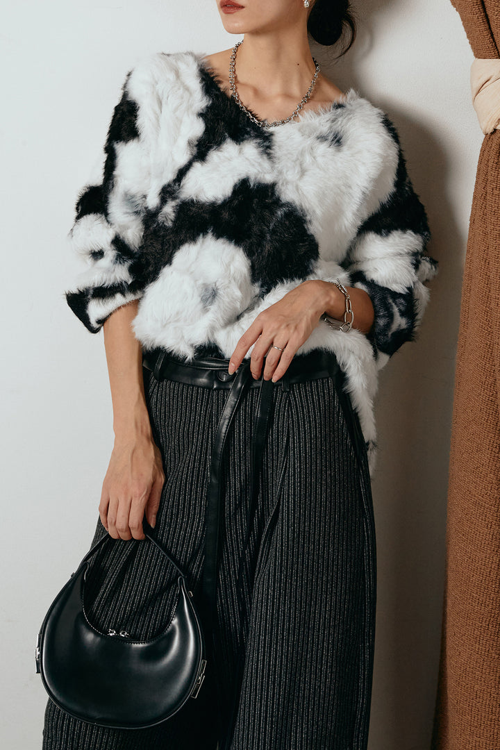 [SET]タイダイ柄シャギーニットトップス+レザーライク配色ストライプパンツ(2set)