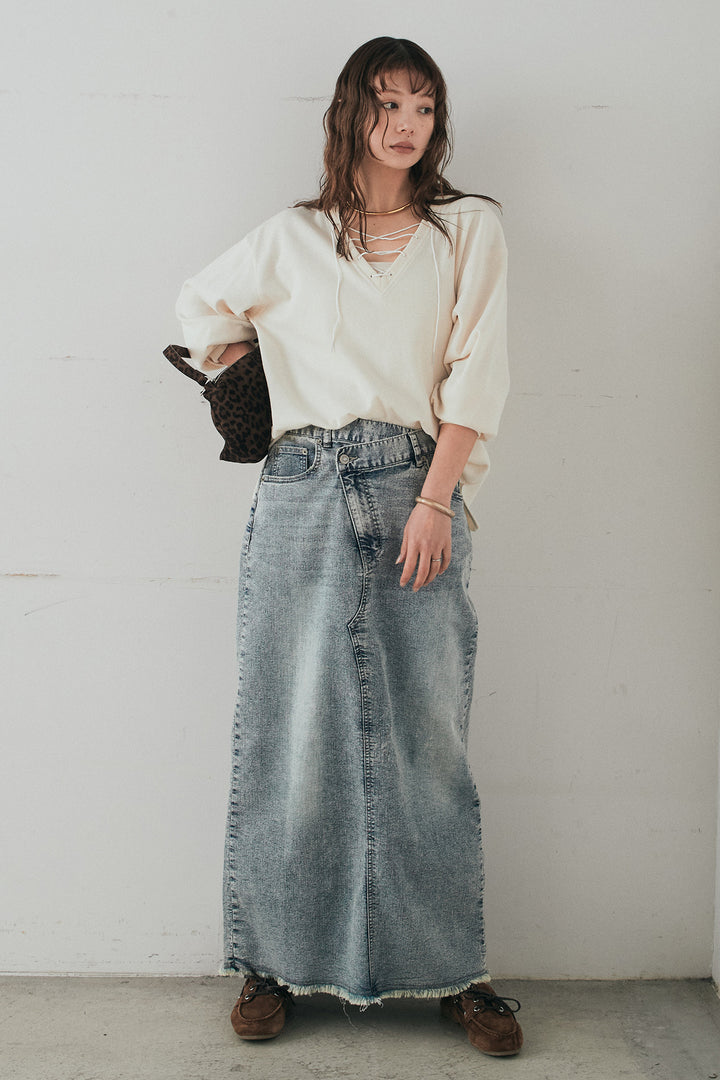 [SET]レースアップワッフルボーダートップス+ウエストクロスデニムタイトスカート(2set)