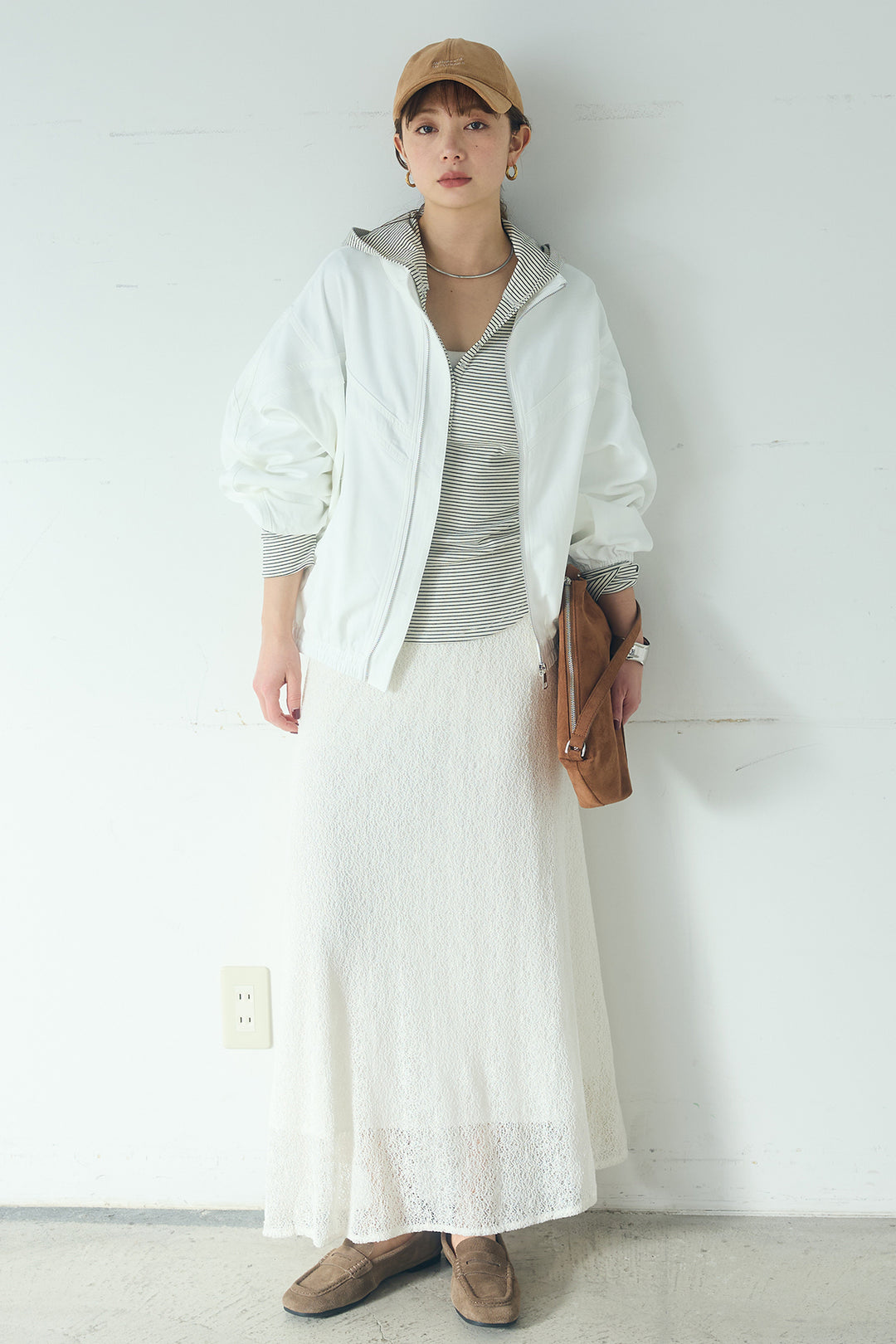 [SET]マルチ切り替えドルマンブルゾン+メッシュ刺繍ロングスカート+ボーダーフーディーロンT(3set)