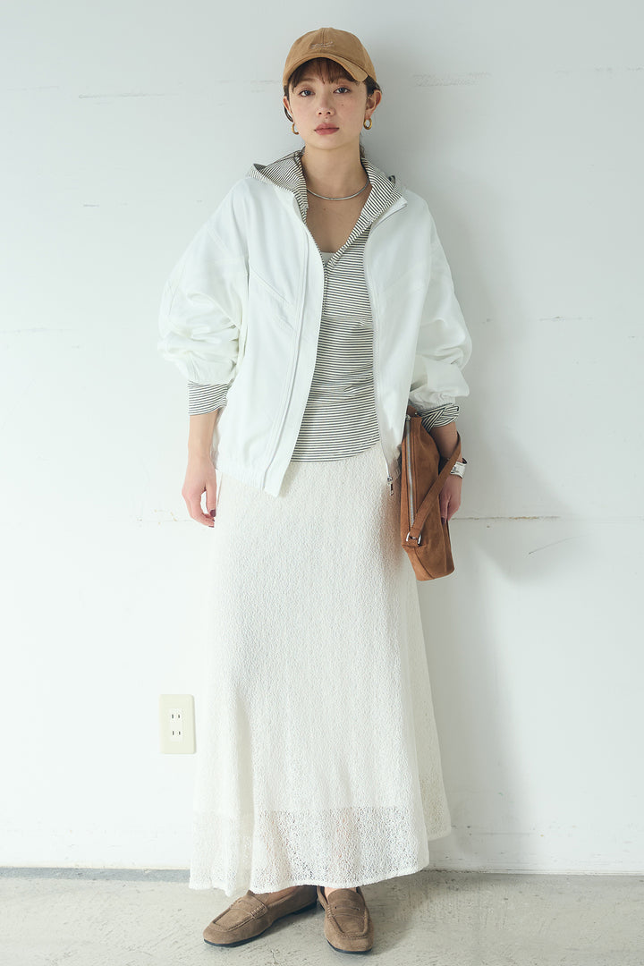 [SET]マルチ切り替えドルマンブルゾン+メッシュ刺繍ロングスカート+ボーダーフーディーロンT(3set)