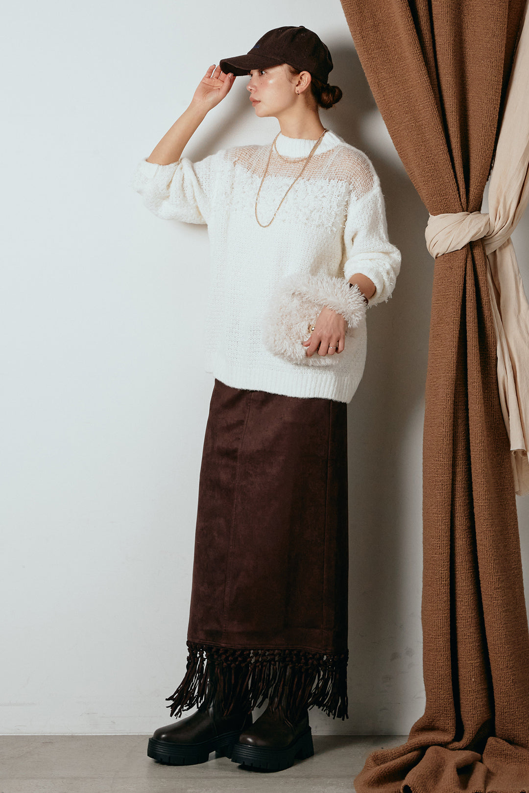 [SET]パターンランダム編みニットトップス+スウェードライク裾フリンジスカート(2set)