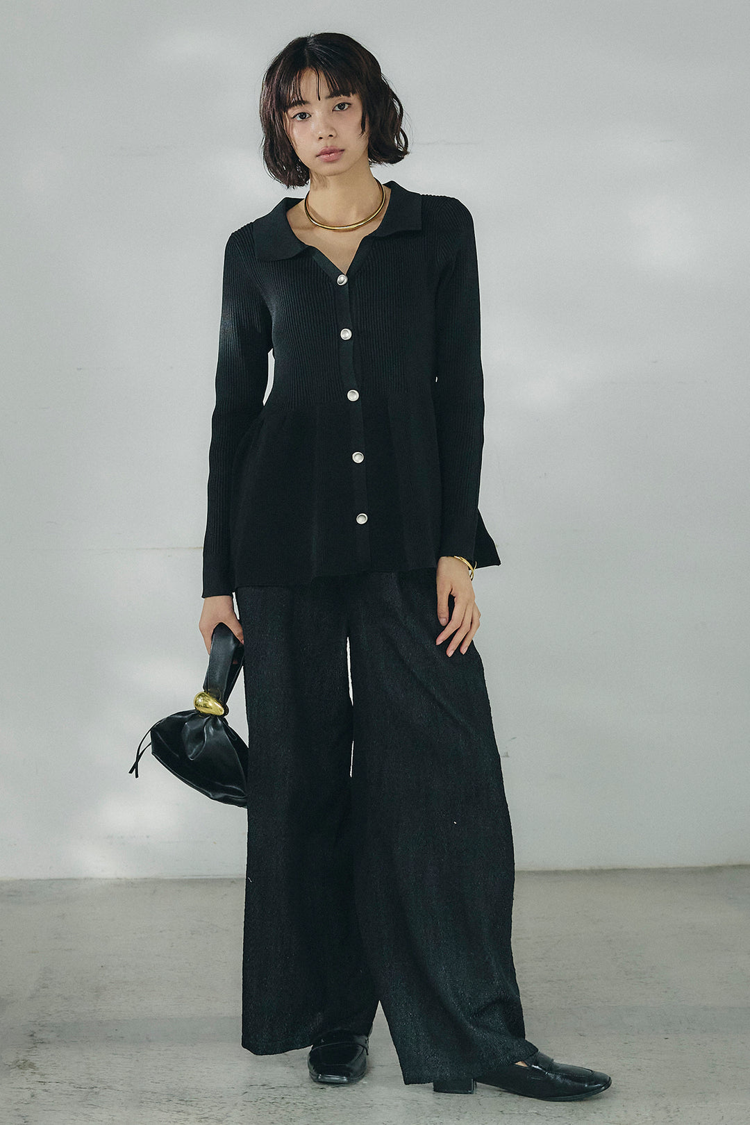 [SET]スキッパーペプラムニット+デニムライクヘリンボーンタックパンツ(2set)