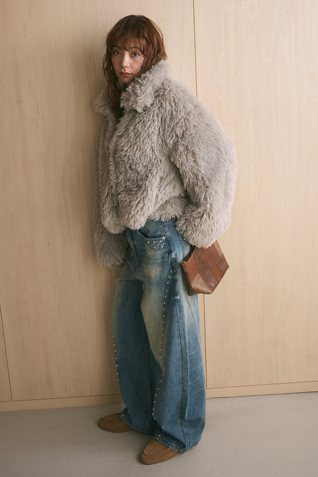[SET]プードルボア2wayカラーショートジャケット+スタッズデザインカーブデニムワイドパンツ(2set)