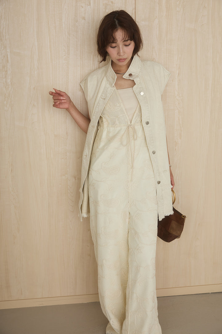 [SET]ケミカルデニムヘムカットオフジレ+レースサロペット(2set)