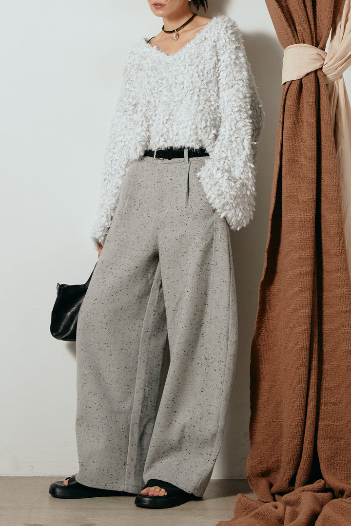 [SET]深Vネックチョウチョヤーンニットトップス+ベルト付きネップツイードカーブパンツ(2set)