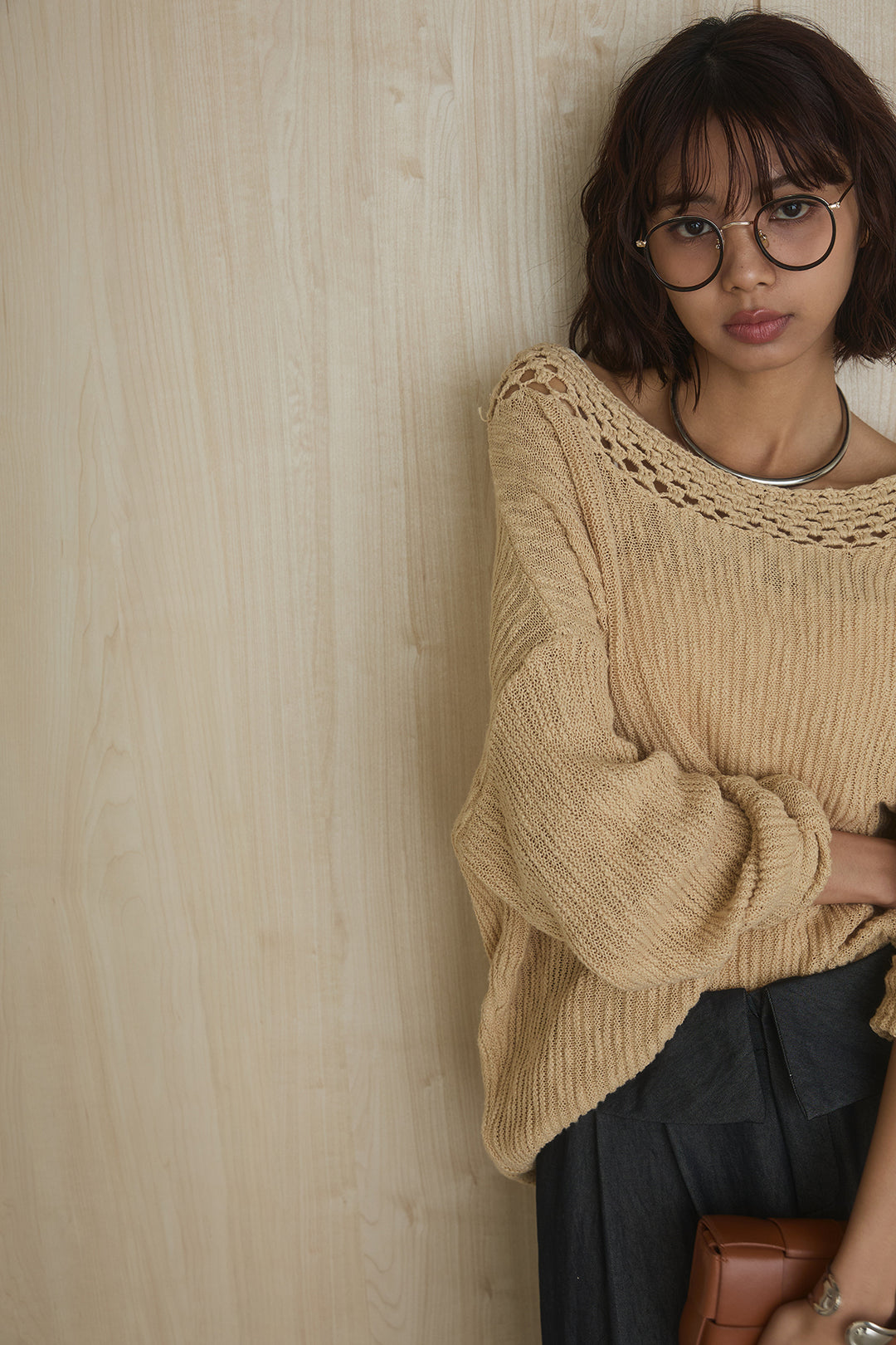 [SET]ネック編みデザインニットトップス+ウエスト折り返しワイドパンツ(2set)