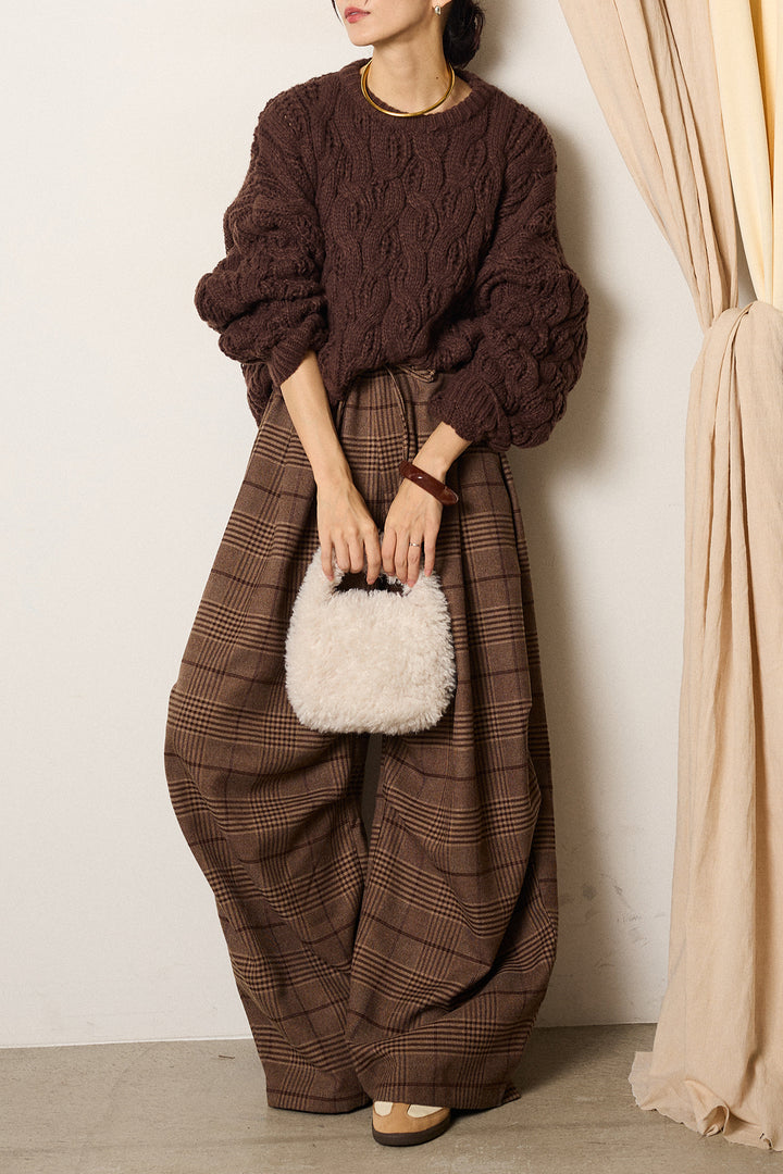 [SET]ケーブルリラックスショートニット+グレンチェックルーズタックパンツ(2set)