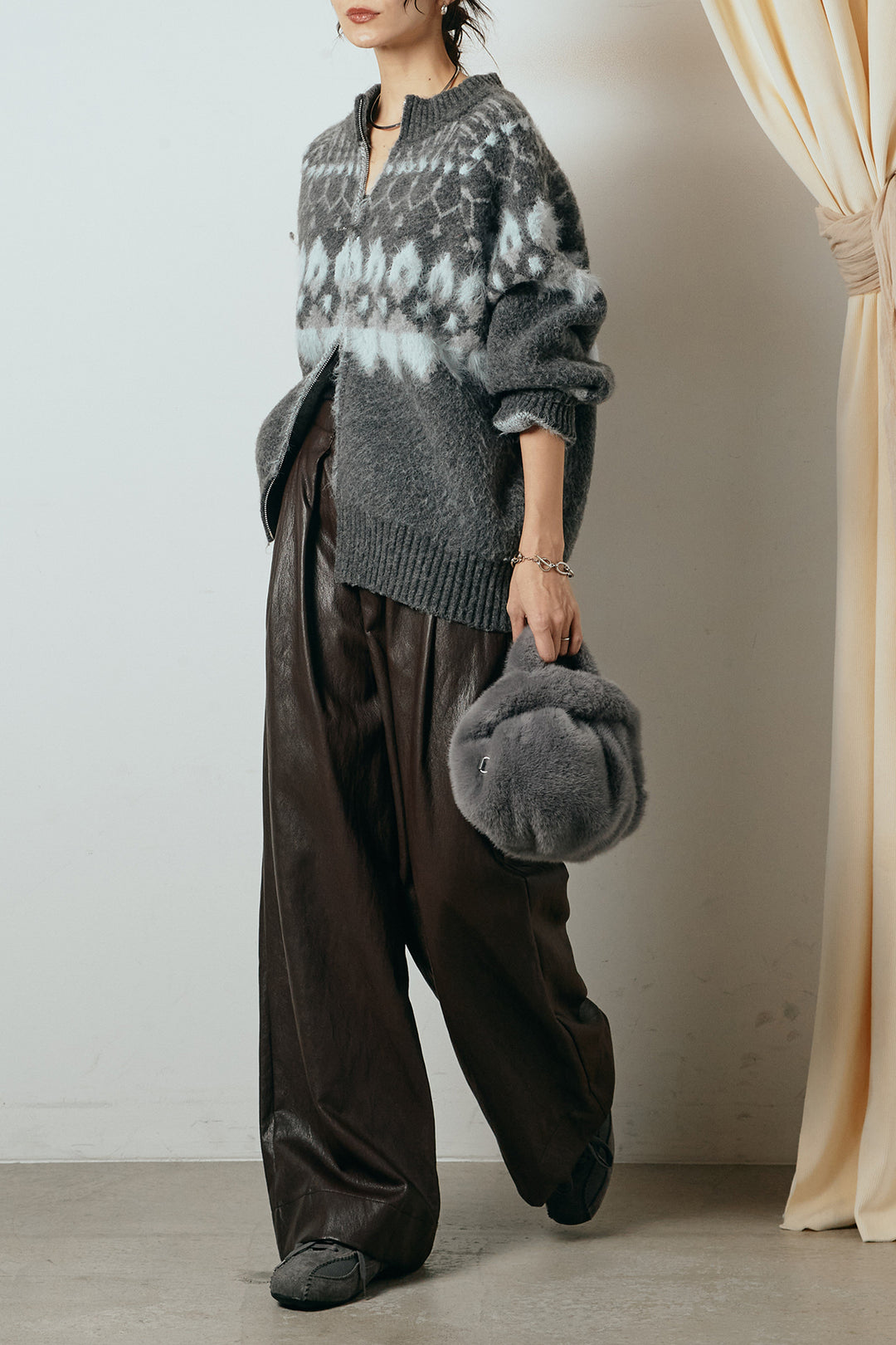 [SET]起毛ダブルジップパターンニットカーディガン+ベルト付きレザーライクタックパンツ(2set)