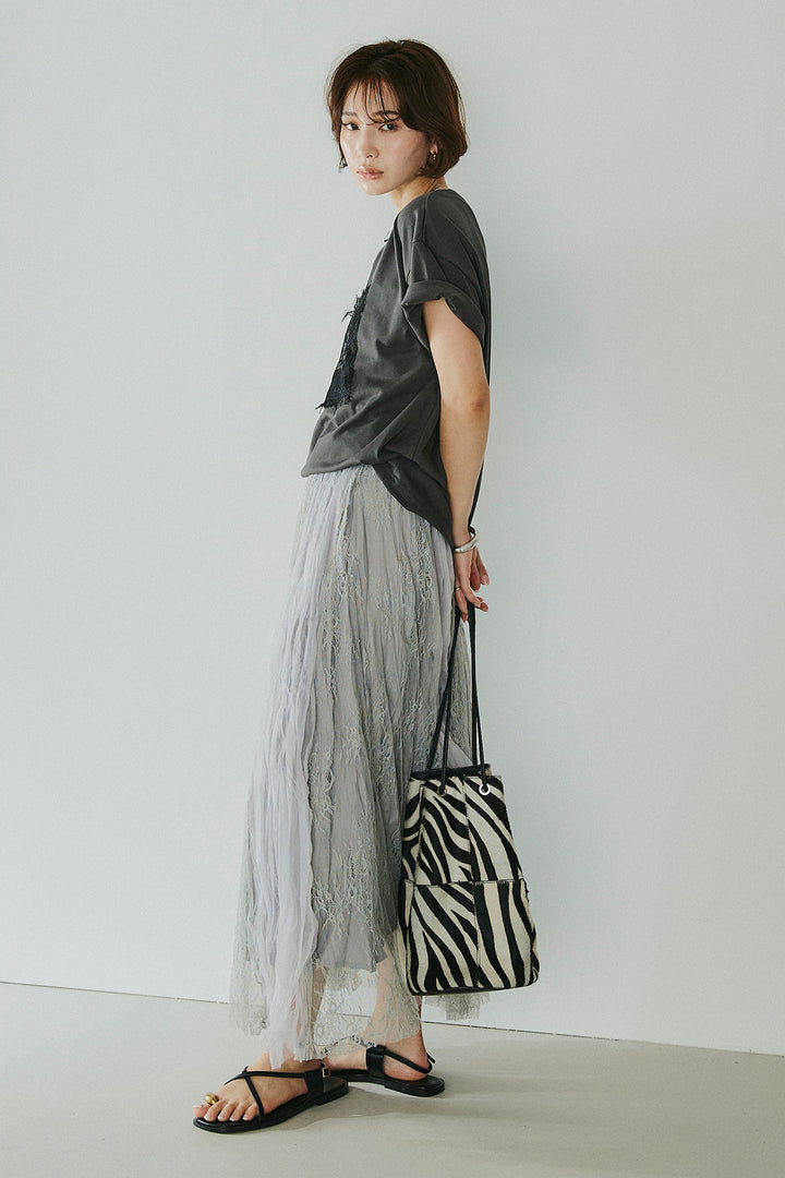 [SET]レースロゴ刺繍Tシャツ+レースコンビワッシャーギャザースカート(2set)