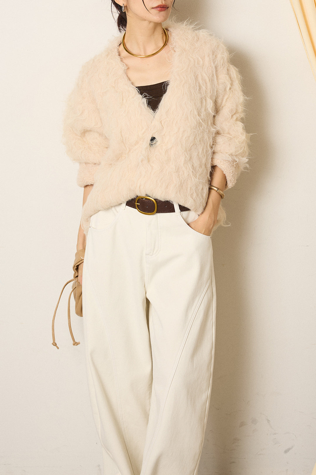 [SET]起毛シャギーニットカーディガン+ベルト付きカジュアルカーブワイドパンツ(2set)