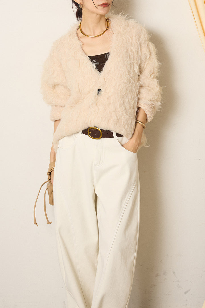 [SET]起毛シャギーニットカーディガン+ベルト付きカジュアルカーブワイドパンツ(2set)