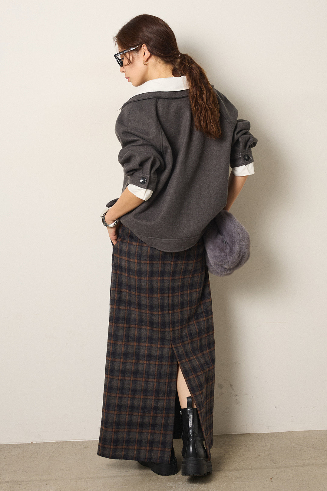 [SET]衿レイヤードフェイクウールジャケット+シャギーチェックストレートスカート(2set)