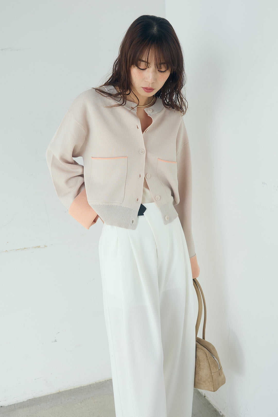 [SET]レーヨンポリダブルフェイスカーディガン+サイドベルトタック入りスラックス(2set)