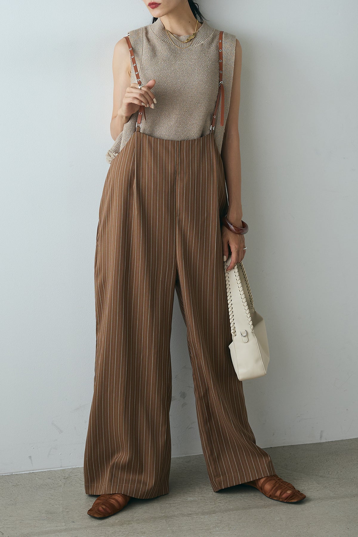 SET]裾フリンジデザインベスト+ヘリンボーンストライプサス付き