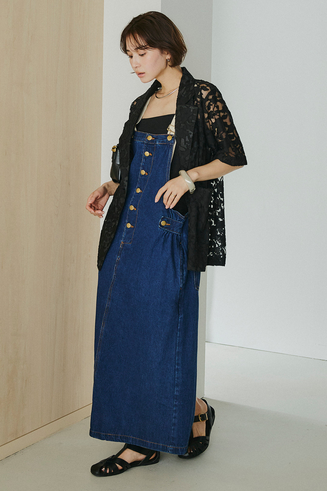 [SET]シアージャガードハーフスリーブテーラードジャケット+配色ショルダーデニムサロペットスカート(2set)