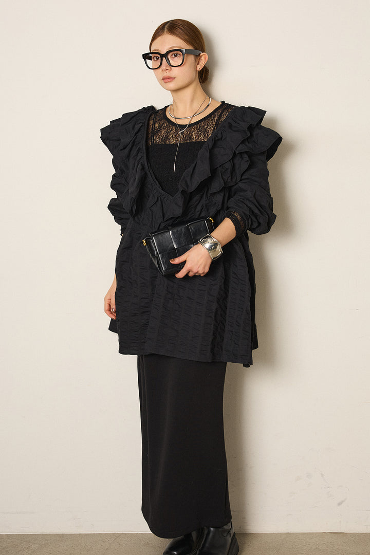 [SET]Vネックフリルカラーブラウス+ストレッチレースクルーネックインナー(2set)