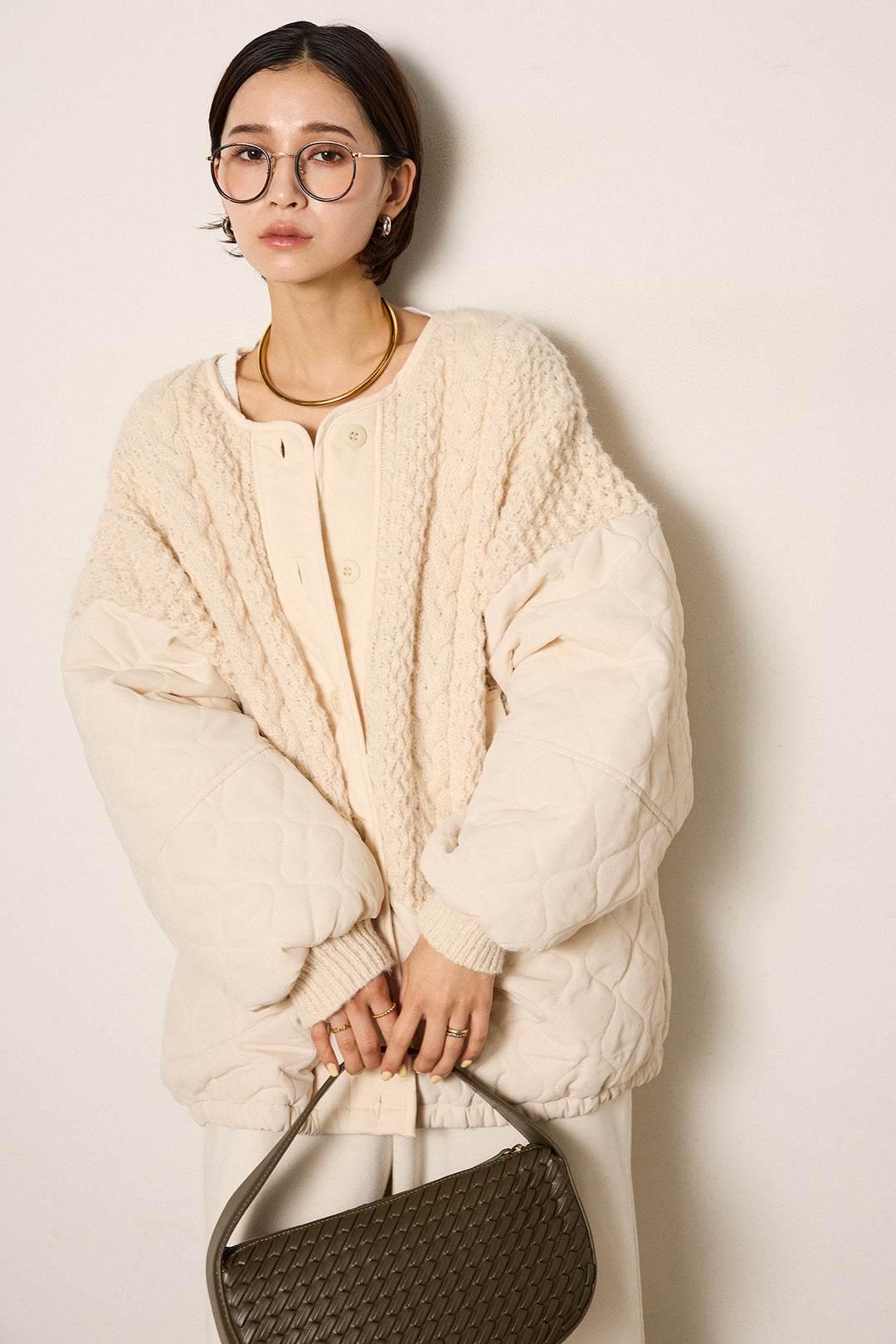 [SET]アラン編みニットノーカラー裾キルティングブルゾン+裏起毛スウェットワイドパンツ(2set)