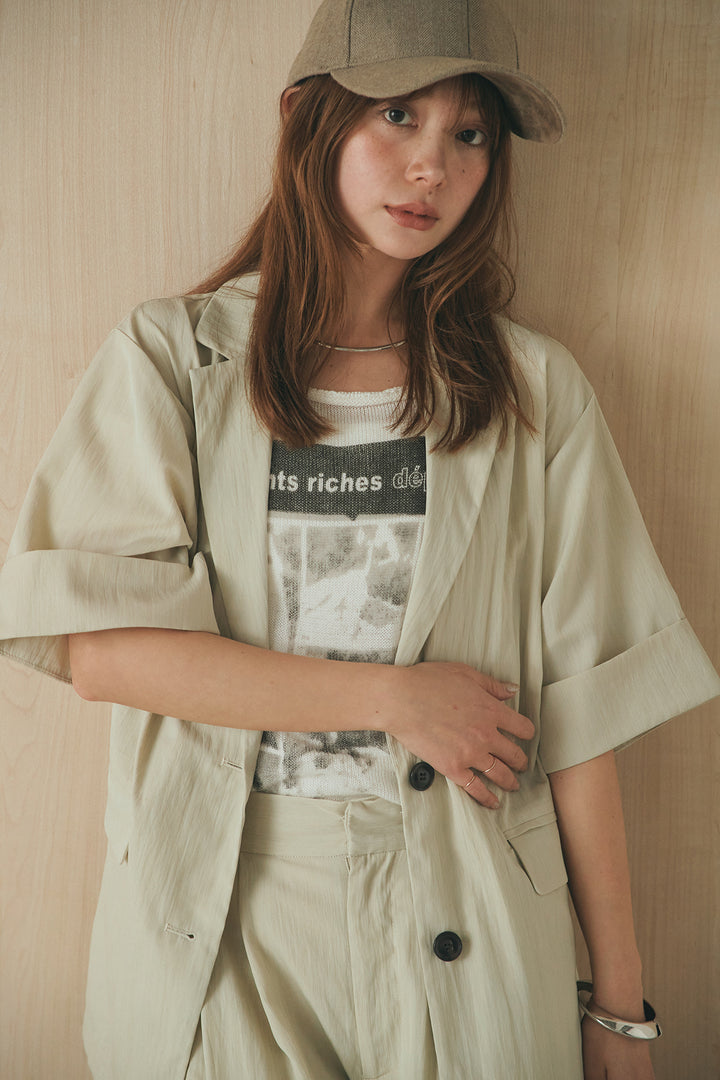 [SET]リネンライクテーラードハーフスリーブジャケット+リネンライク2タックワイドパンツ(2set)