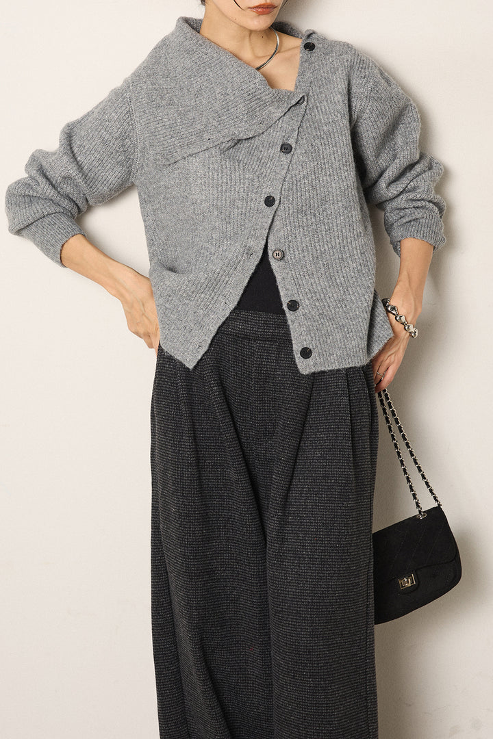 [SET]ボタンデザインネックニットプルオーバー+起毛タック入りツイードワイドパンツ(2set)