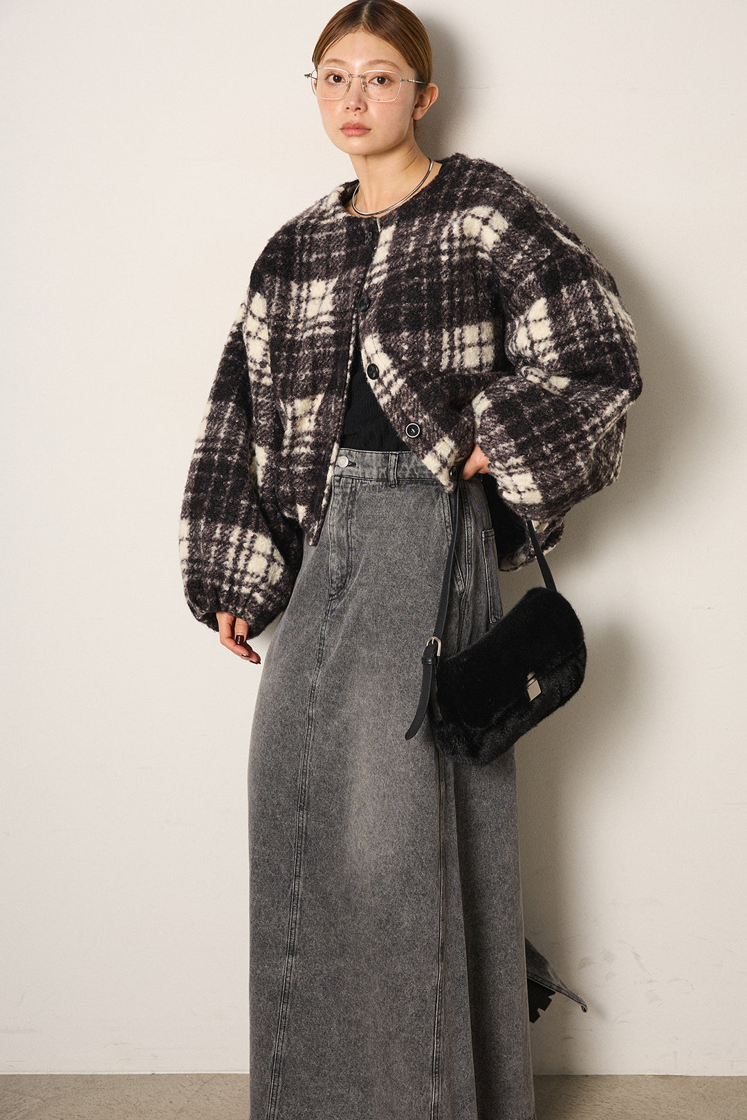 [SET]ノーカラーチェック柄ボアブルゾン+デニムロングフレアスカート(2set)