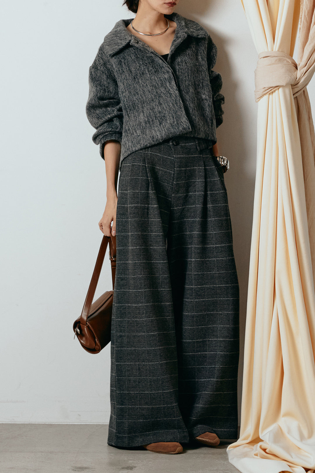 [SET]シャギーショートジャケット+スクエアチェック柄ワイドパンツ(2set)