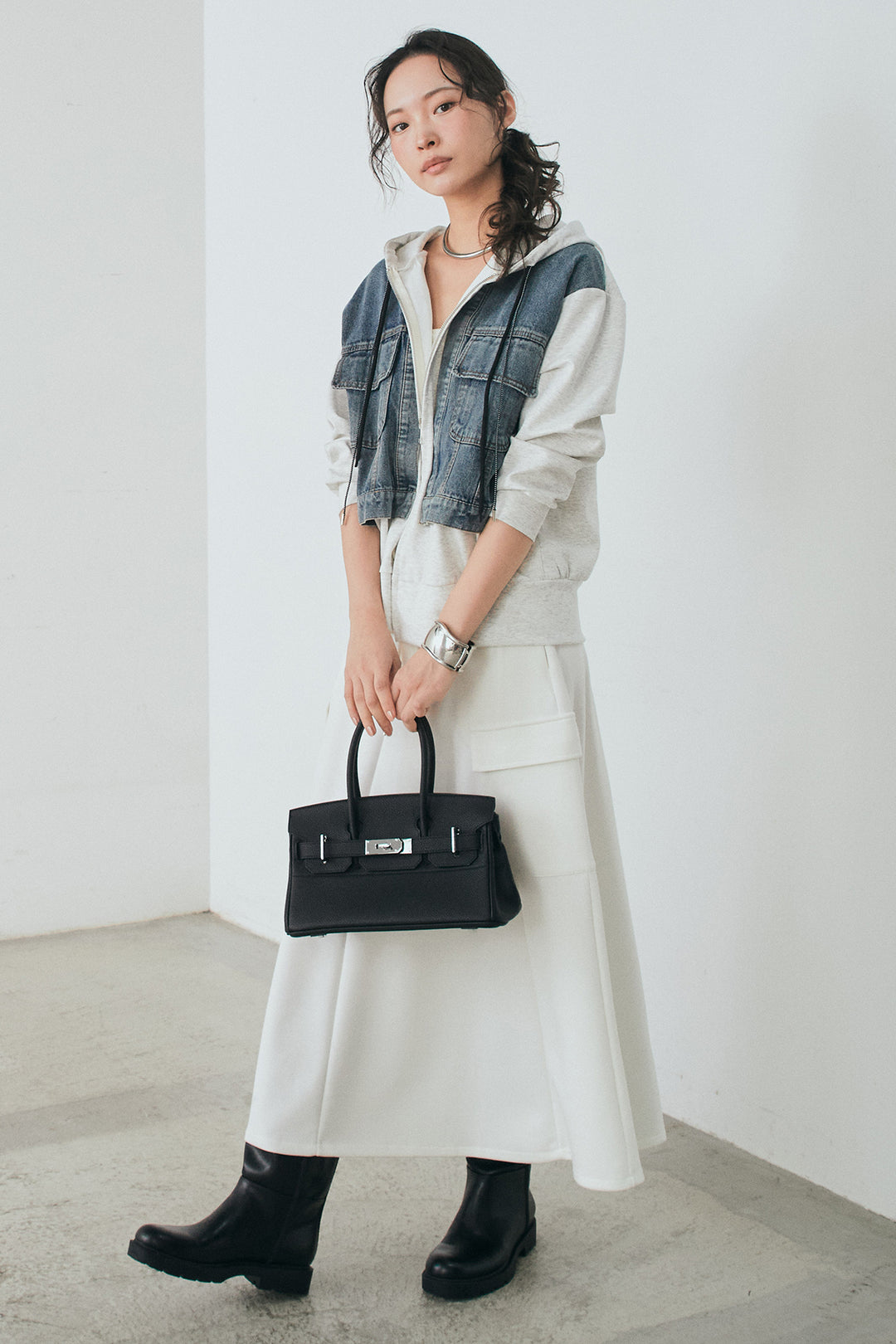 [SET]デニム切替ポンチダブルジップパーカー+リラックススウェットスカート(2set)