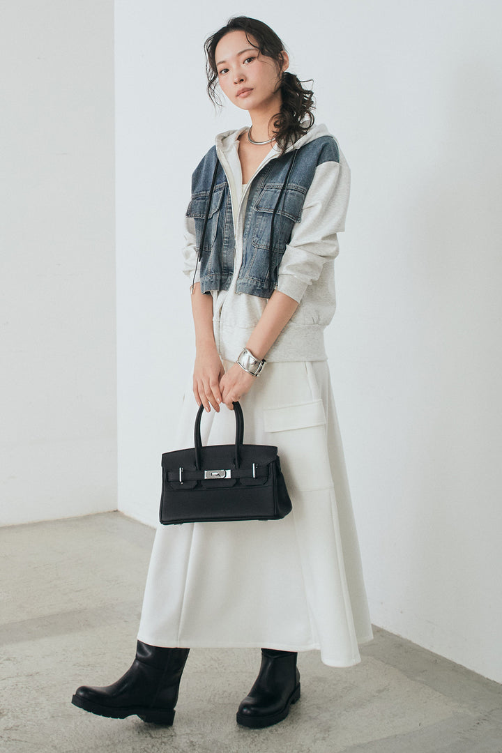 [SET]デニム切替ポンチダブルジップパーカー+リラックススウェットスカート(2set)