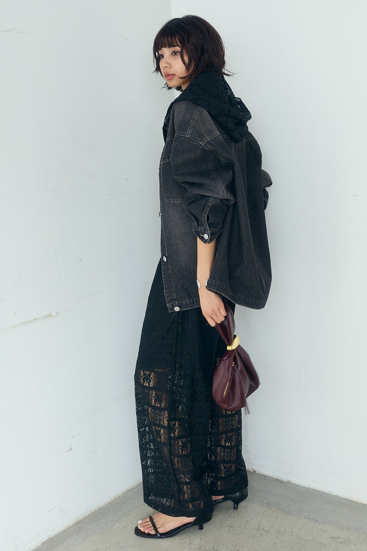 [SET]パッチワークレースショート丈フードシャツ+パッチワークレースイージーパンツ(2set)