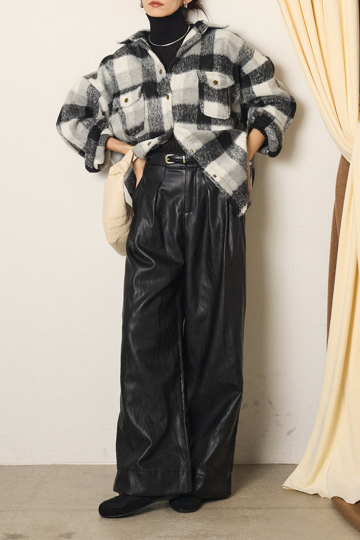 [SET]起毛チェック柄ポケットアウター+ベルト付きレザーライクタックパンツ+リブニットシームレスタートルプルオーバー(3set)