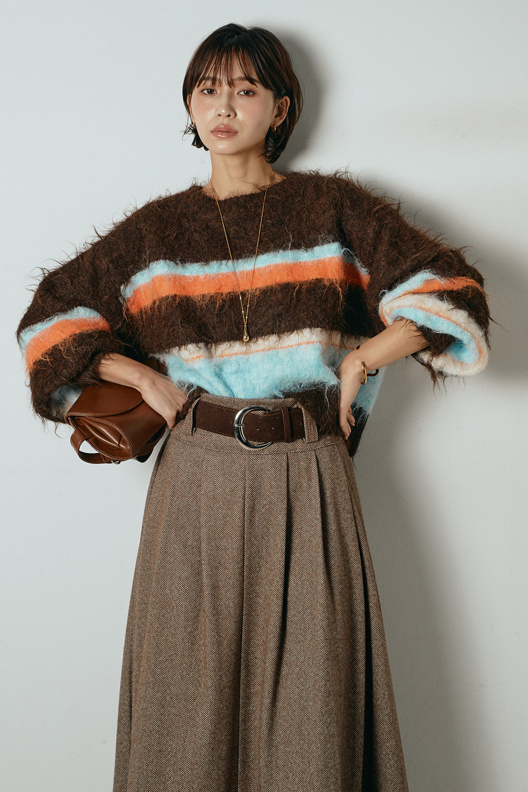 [SET]起毛配色マルチボーダーニットトップス+太ベルト付きヘリンボーンプリーツスカート(2set)