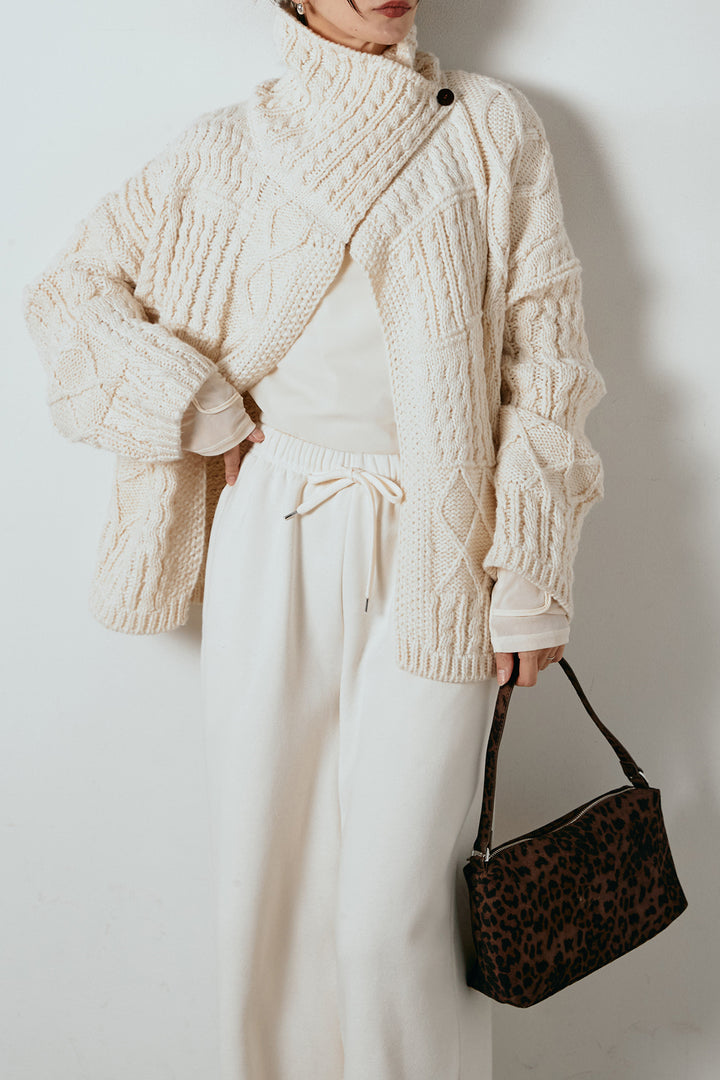 [SET]ビッグカラーケーブル編みニットトップス+2WAY袖コード刺繍クルーネックプルオーバー+裏起毛スウェットワイドパンツ(3set)