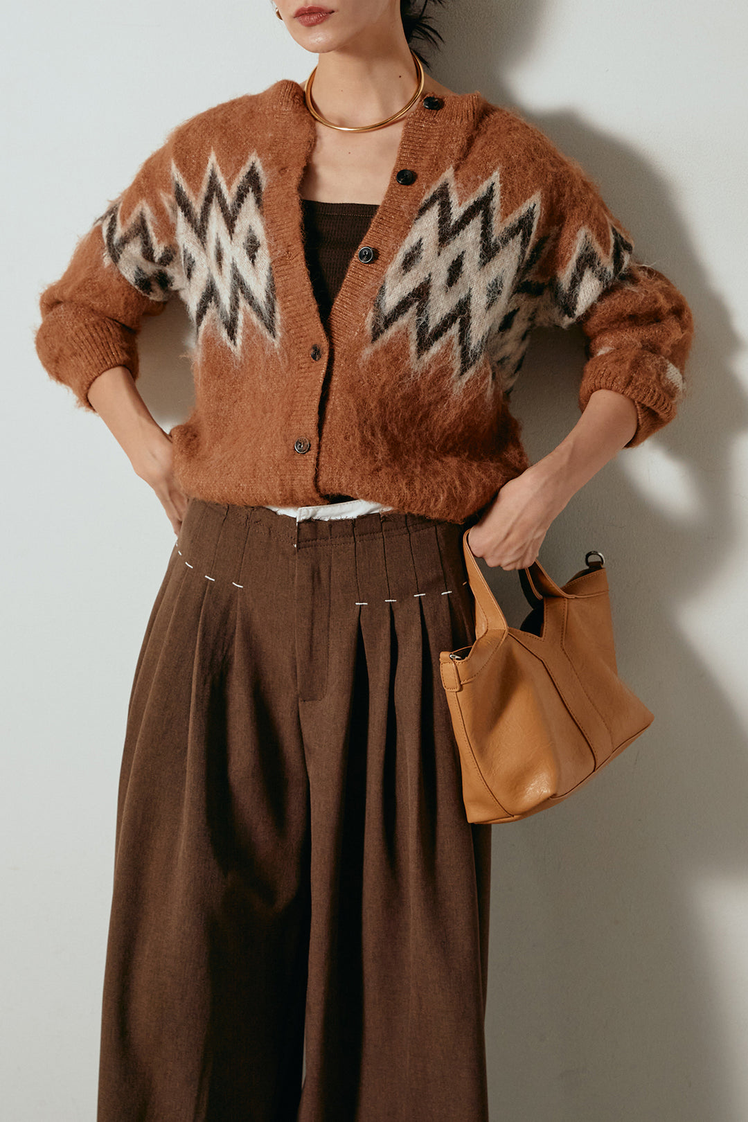 [SET]起毛ノルディック柄ニットカーディガン+ウエストステッチデザインワイドスラックス(2set)