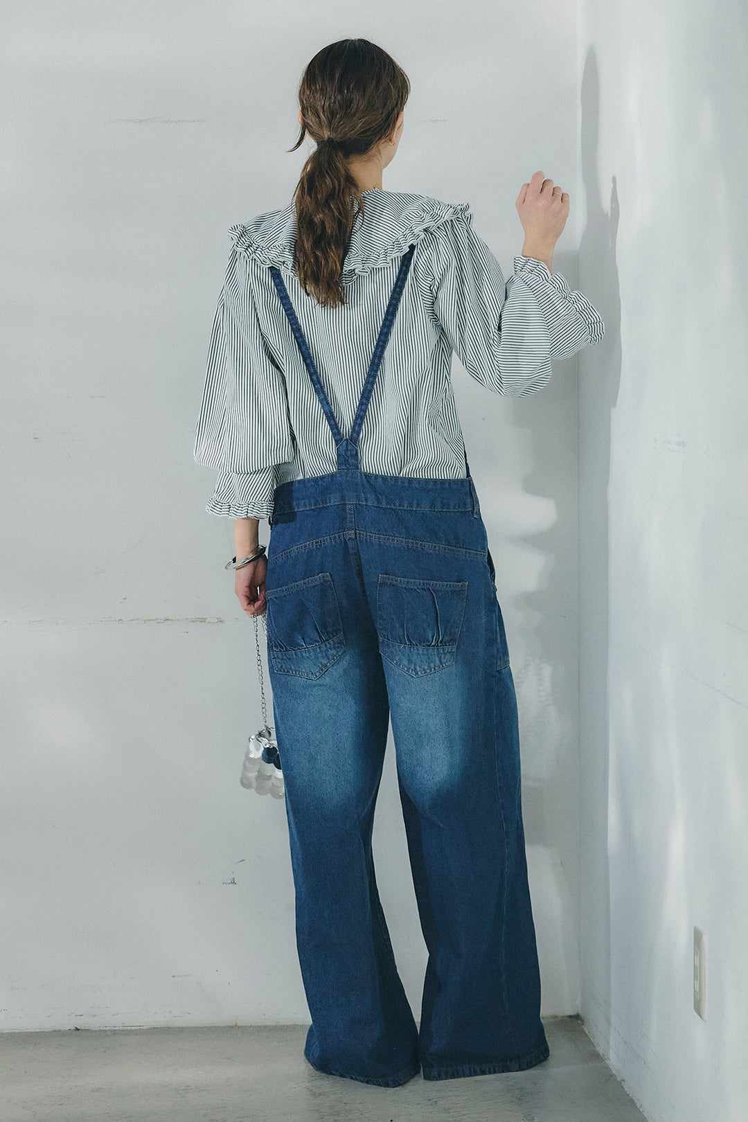 [SET]コットンフリルブラウス+デニムサロペットワイドパンツ(2set)