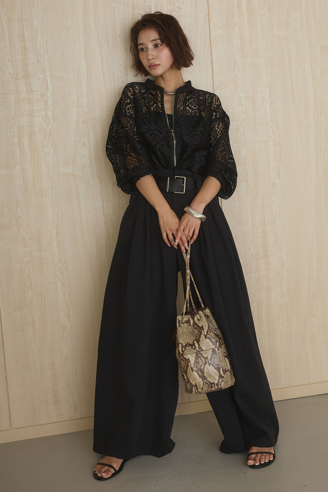 [SET]幾何レースブルゾン+ベルト付きビックループワイドパンツ(2set)