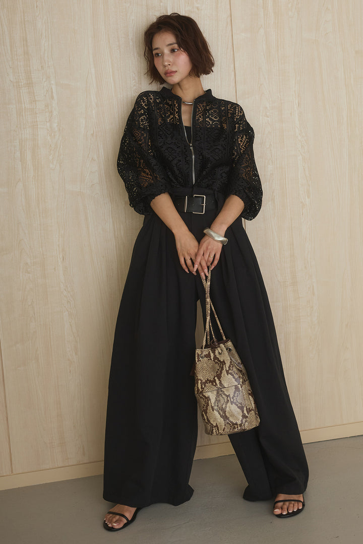 [SET]幾何レースブルゾン+ベルト付きビックループワイドパンツ(2set)