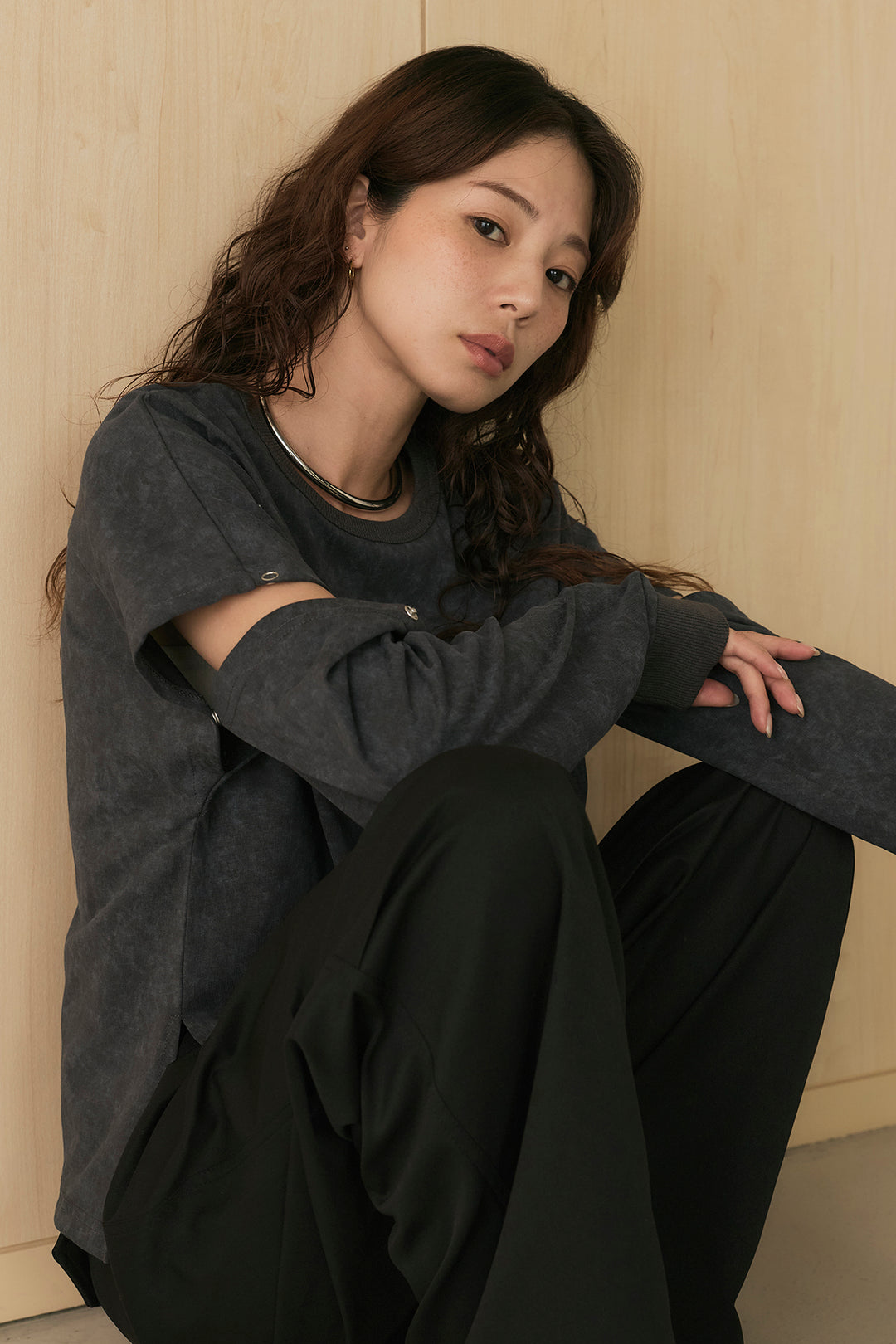 [SET]セパレートフェードTシャツ+ニーサイドタックウエストドロストパンツ(2set)