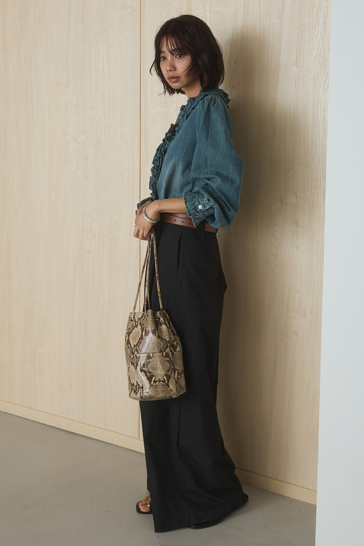 [SET]Vネックデニムフリルトップス+ベルトループデザインハイウエストタックパンツ(2set)